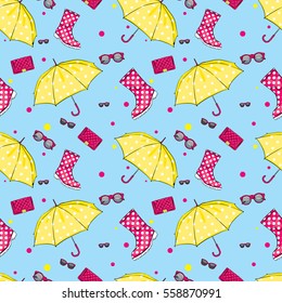 Background of umbrellas, rubber boots, handbags and eyewear. Spring and autumn shoes and accessories. Vector illustration. Fashion & Style.