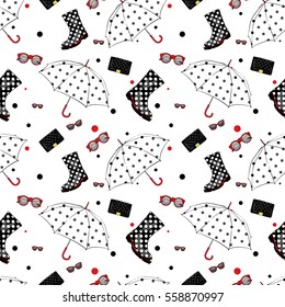Background of umbrellas, rubber boots, handbags and eyewear. Spring and autumn shoes and accessories. Vector illustration. Fashion & Style.