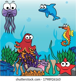 fondo marino con animales marinos