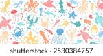 Background with underwater animals and plants like octopus, jellyfish, and sea turtle in marine life scene. Vibrant colors graphic design with sea creatures and aquatic reef in ocean water.