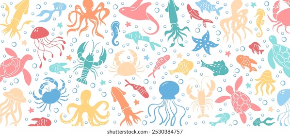 Fondo con animales submarinos y plantas como pulpo, medusas y tortugas marinas en la escena de la vida marina. Diseño gráfico de colores vibrantes con criaturas marinas y arrecifes acuáticos en el agua del océano.