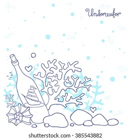 Background underwater seabed with rocks, corals, shell, bottle with sailboat. Vector illustration.