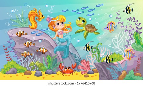 Background with an underwater world in a childrens style. A mermaid, beauty fishes and coral reef. Vector illustration. For t-shirt, print and design, poster, card, sticker, decor and apparel