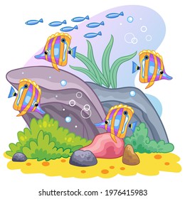 Background with an underwater world in a childrens style. Tropical fish, stones, seaweed, and underwater plants. Vector illustration. For t-shirt, print and design, poster,card, sticker, decor,apparel