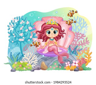 Background with underwater world in a childrens style. A mermaid sitting in a shell and coral reef. Vector illustration. For t-shirt, print and design, poster, card, sticker, decor and apparel