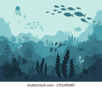 background underwater world, sea ocean, fish animals, algae and coral reefs, vector illustration