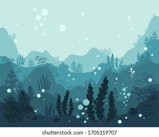 background underwater world, sea ocean, fish animals, algae and coral reefs, vector illustration