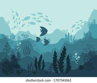 Background Underwater World, Sea Ocean, Fish Animals, Algae And Coral Reefs, Vector Illustration