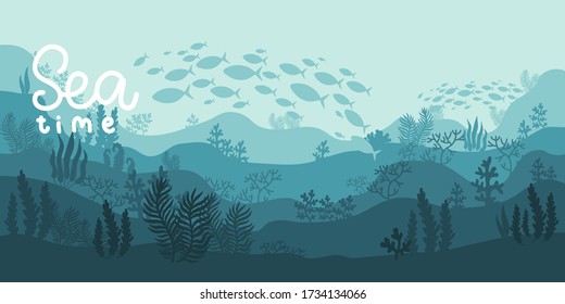 background underwater world, sea ocean, fish animals, algae and coral reefs, vector illustration