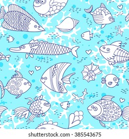 Background underwater world. Seamless pattern with cute fish, shells, corals. Vector illustration.