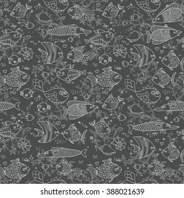 Background of underwater world. Seamless pattern with cute fish, shells, corals. Vector illustration.