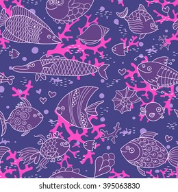 Background of underwater world. Seamless pattern with cute fish, shells, corals. Vector illustration.