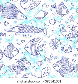 Background underwater world. Seamless pattern with cute fish, shells, corals. Vector illustration.