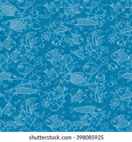 Background of underwater world. Seamless pattern with cute fish, shells, corals. Vector illustration.