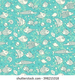 Background of underwater world. Seamless pattern with cute fish, shells, corals. Vector illustration.