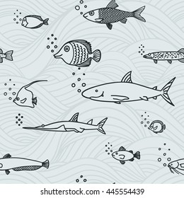 Background of underwater world. Seamless pattern with cute fish.