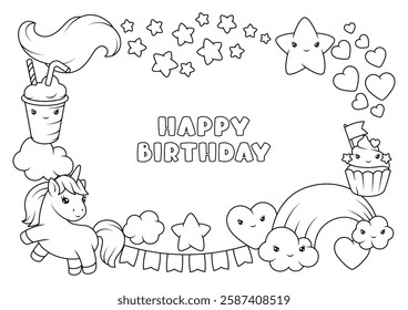 Fundo com unicórnio. Feliz convite para a festa de aniversário.