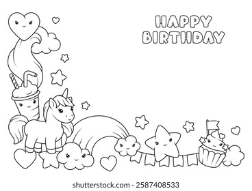 Background with unicorn. Happy birthday party invitation.