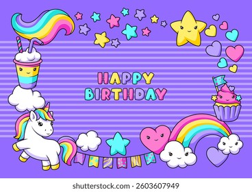 Background with unicorn. Happy birthday party invitation.