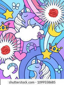 Background with unicorns,rainbows, roses, crowns, stars and butterflies. Vector illustration in cartoon style.