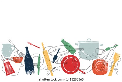 Background with Utensils. Cooking Horizontal Pattern. Vector illustration.