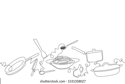 Background with Utensils. Cooking Horizontal Pattern. Spaghetti in plate. Vector illustration.