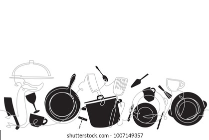 Background with utensils. Cooking Pattern. Black and White. Vector illustration.