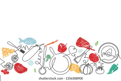 Background with Utensils and Food. Cooking Horizontal Pattern. Vector illustration.