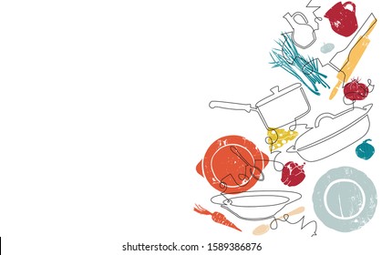 Background with Utensils and Food. Cooking  Pattern. Vector illustration.