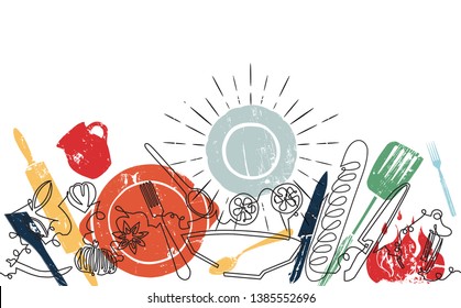 Background with Utensils and Food. Cooking. Vector Pattern.