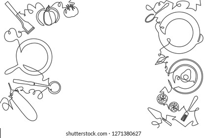 Background with Utensils, Food and empty space for text.  Vector illustration.