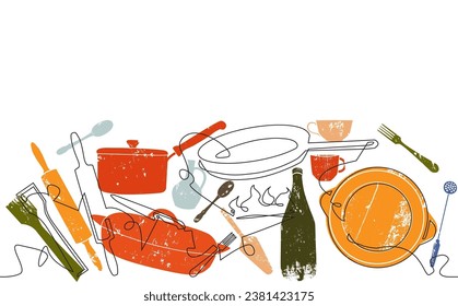 Background with utensils. Kitchen horizontal pattern. Vector illustration.