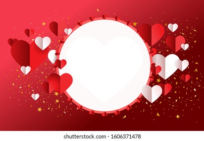 background  Valentine red and white paper hearts on dark red background with white circle space at middle.vector 