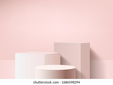 Background Valentine Vector 3d Pink Rendering With Podium And Minimal Pink Wall Scene, Minimal Abstract Background 3d Rendering Abstract Valentine Shape Pink Heart. Stage Valentine For Product Lover 