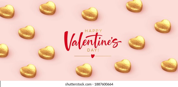 Background for Valentines Day banner, poaster, postcard made of heart-shaped chocolates wrapped in gold foil with the inscription Happy Valentines Day on a pink background. Vector illustration EPS10