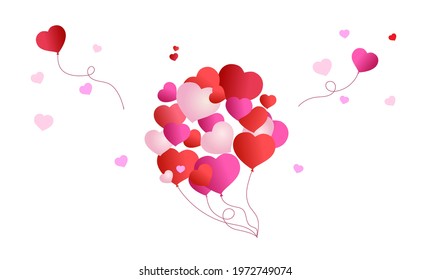 Background Valentines day or birthday card.  Red and pink balloons fly up, isolated on a white background. Vector illustration Valentines day holiday.