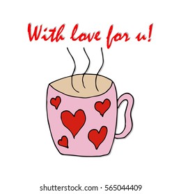 Background with valentines day cup with red hearts. Vector illustration