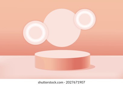Background for Valentines Day gifts. Cylindrical platform for presenting and awarding goods. 3D rendering with round glowing elements. Realistic vector illustration for websites and paper posters