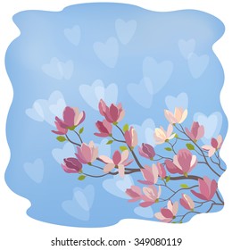 Background for the Valentines Day Holiday, Spring Magnolia Branch with Flowers Against The Blue Sky and White Hearts Silhouettes. Eps10, Contains Transparencies. Vector