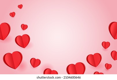 Día de San Valentín de fondo. Corazones de papel rojo sobre fondo rosado con un espacio vacío para el texto.  Ilustración vectorial Día de San Valentín o tarjeta de boda.
