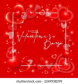 Hintergrund des Valentinstag. Rote und weiße 3D-Herzen in Form eines Rahmens um den Gratulationstext auf rotem Hintergrund. Design für Grußkarte, Cover, Werbung, Poster, Flyer.
