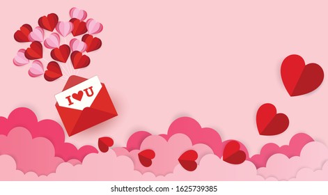 Background with valentines day theme vector illustration with love letter, hearts, envelope,clouds in pink sky vector illustration.
Paper art and digital craft design style.