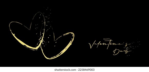 Background for Valentine's Day. Two hearts drawn with a brush, golden on a black background. Design for greeting card, cover, advertising, poster, flyer, invitation