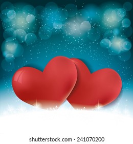 Background for Valentine's Day with two hearts in the snow.