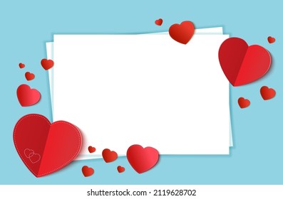 Día de San Valentín de fondo. Ilustración vectorial Día de San Valentín o tarjeta de boda. Fondo azul con corazones rojos y hoja blanca de papel y espacio para copiar el texto. 