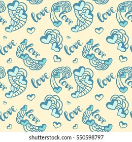  Background for Valentines day, wedding invitation. Seamless pattern  with hand drawn love lettering ,  heart. Design  for greeting card. 