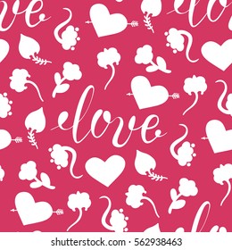  Background for Valentines day, wedding invitation. Seamless pattern  with hand drawn love lettering ,  heart, flowers. Design  for greeting card.