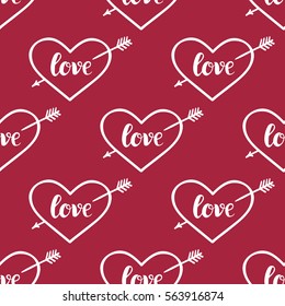  Background for Valentines day, wedding invitation. Seamless pattern  with hand drawn love lettering ,  heart. Design  for greeting card.