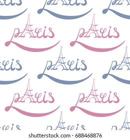  Background for Valentines day, wedding invitation. Seamless pattern  with hand drawn Paris lettering, Eiffel Tower. Design  for greeting card, scrapbook