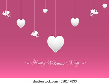 Background for Valentine's day with white hearts and cupids. Vector illustration.